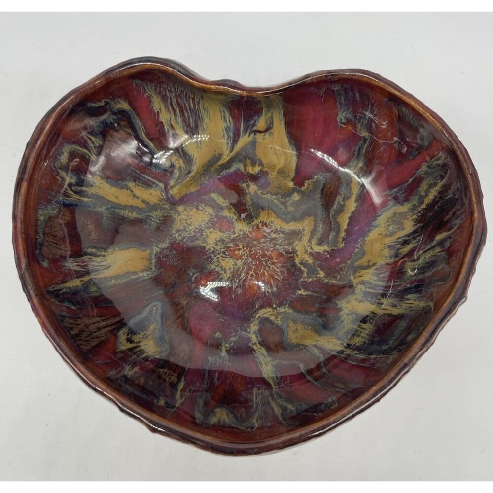 Artisan Gourd Impression Bowl Pottery Trinket Dish Signed ‘91 Heart Shaped